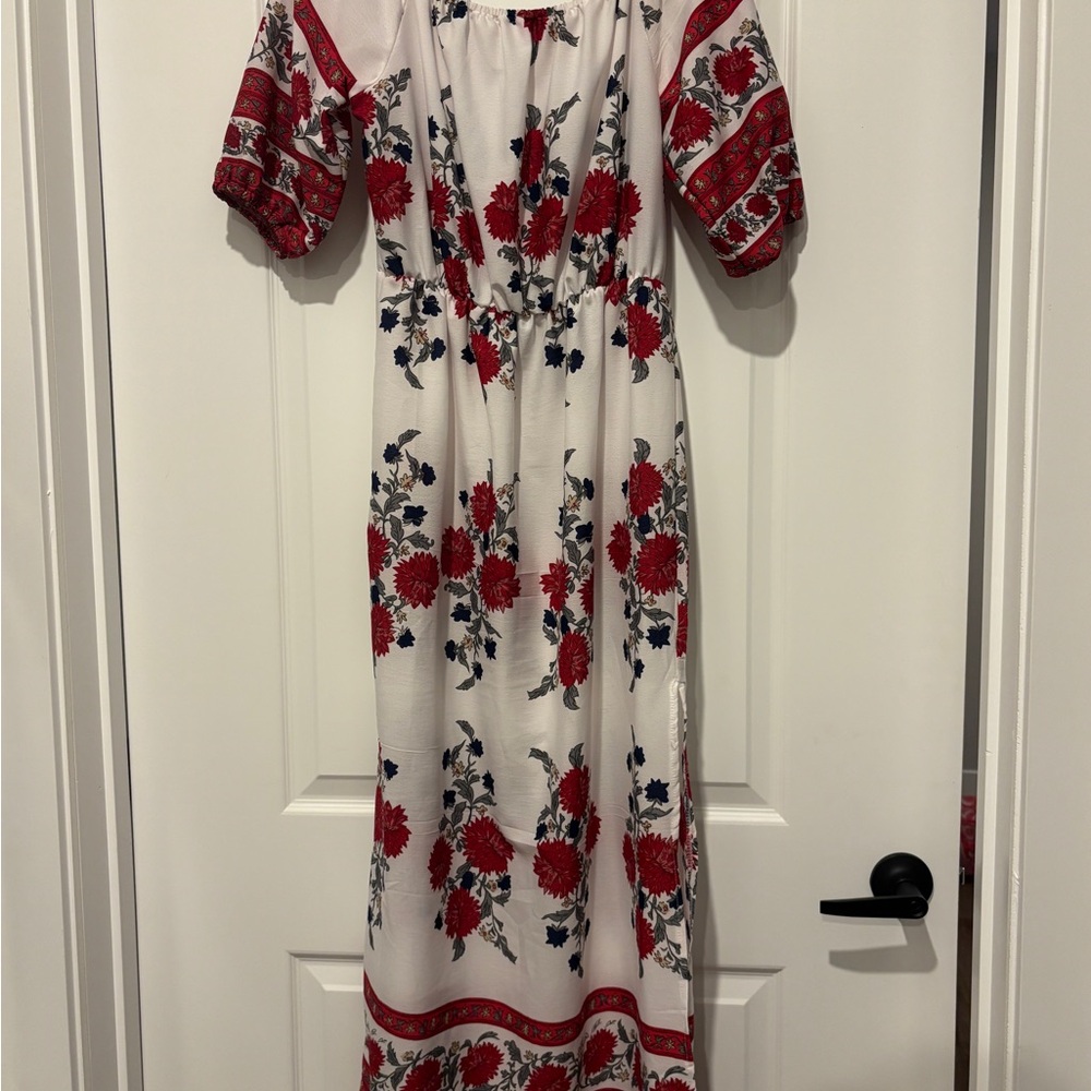 Floral Off Shoulder Maxi Dress with Red and Blue Accents